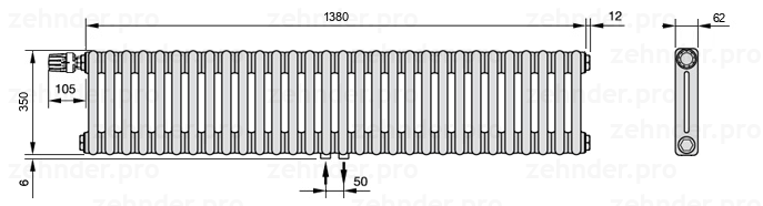 Схема (чертеж) Радиатор Zehnder Charleston 2035/30 №V007 Белый глянцевый RAL 9016